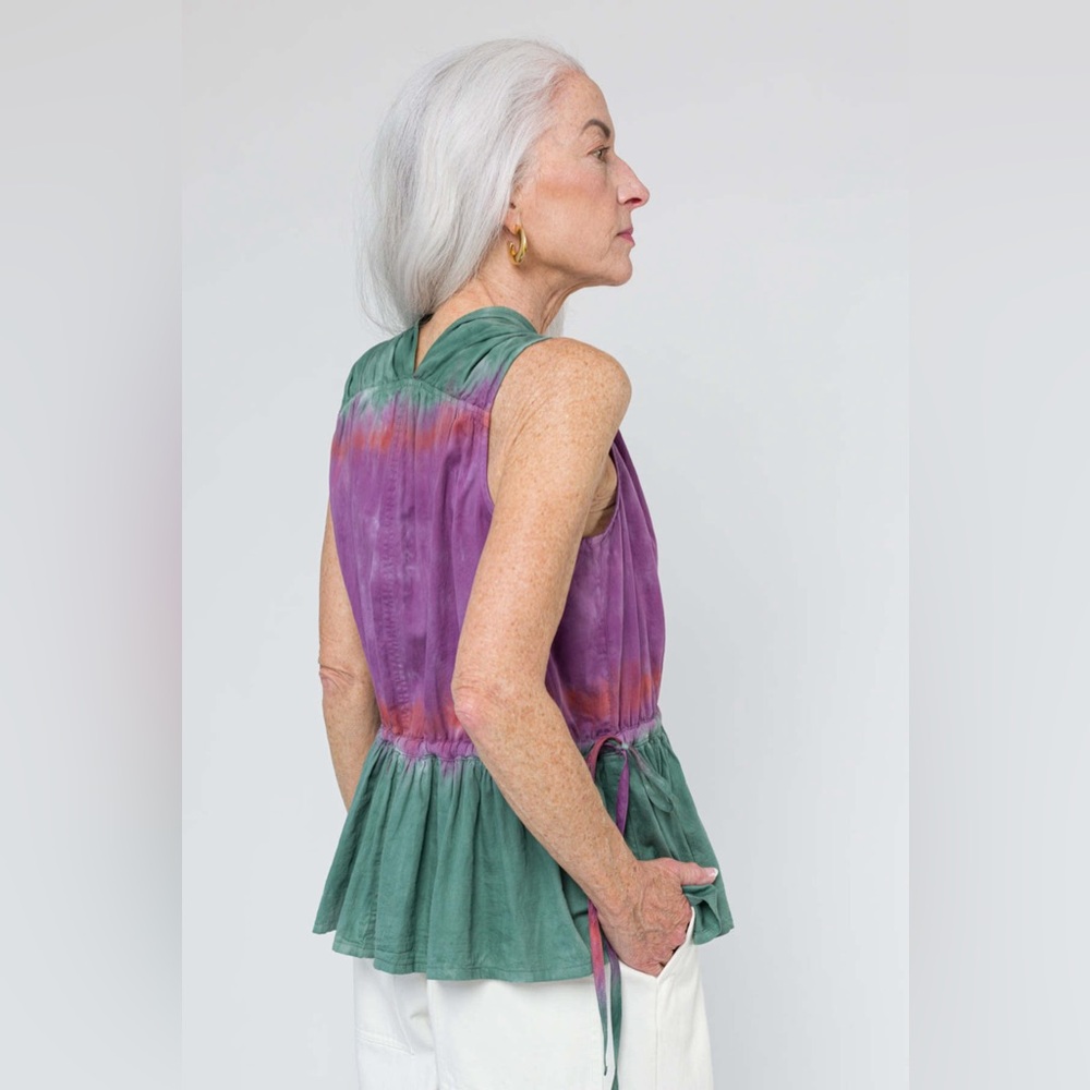 Raquel Allegra Daydream Top Size S Sleeveless Fantasy Tiger Tie Dye Green Purple - Picture 9 of 16
